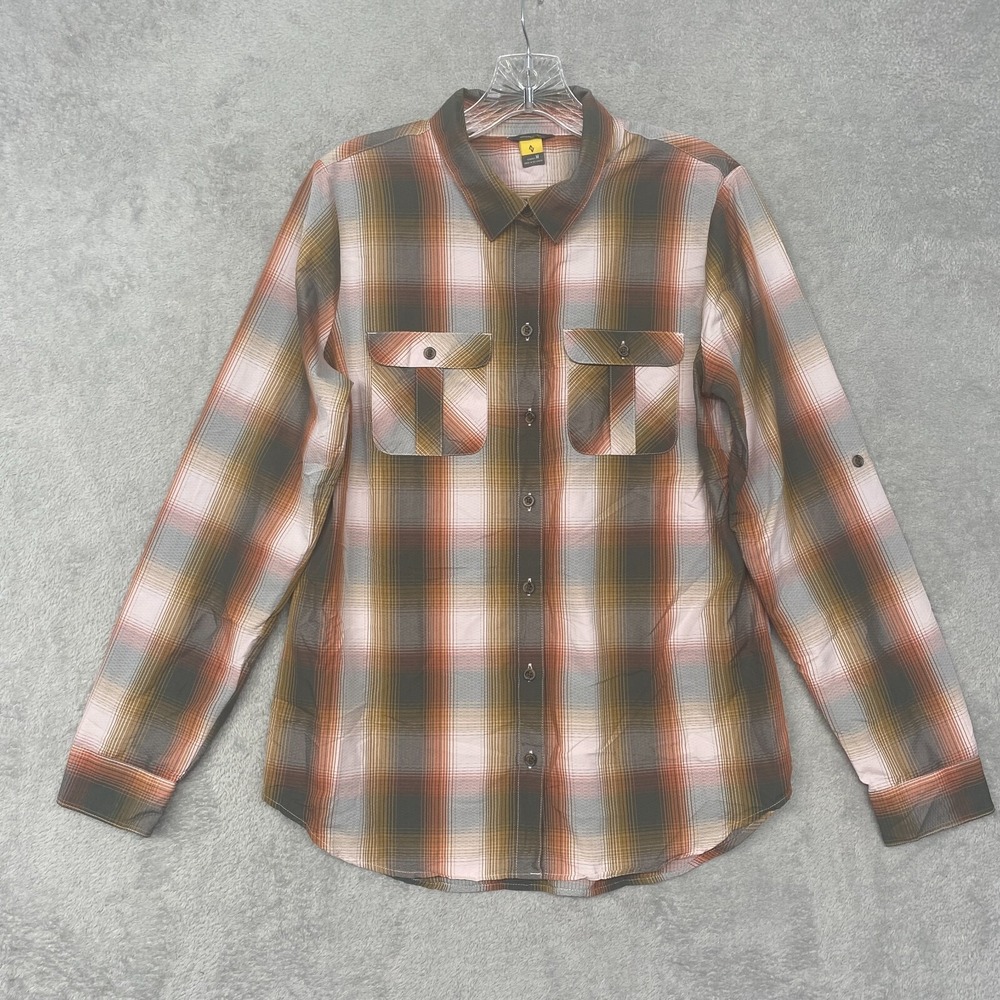 Eddie Bauer Shirt Womens Medium Brown Plaid Nylon Button Up Cargo Pockets